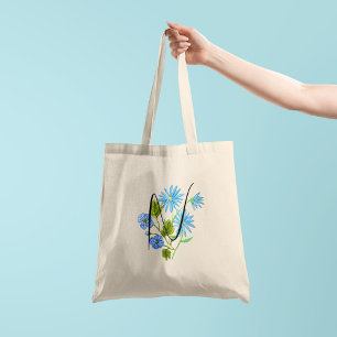 Blue flower watercolour with your initial 1 side tote bag