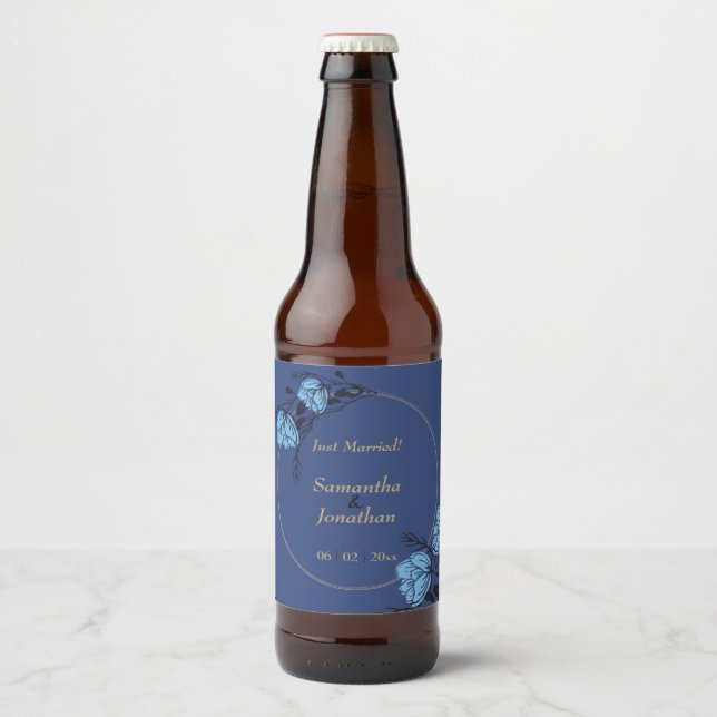 Blue Flower Wedding Beer Bottle Label (Front)