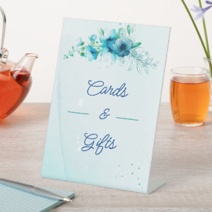 Blue Flower Wedding Cards And Gifts Pedestal Sign
