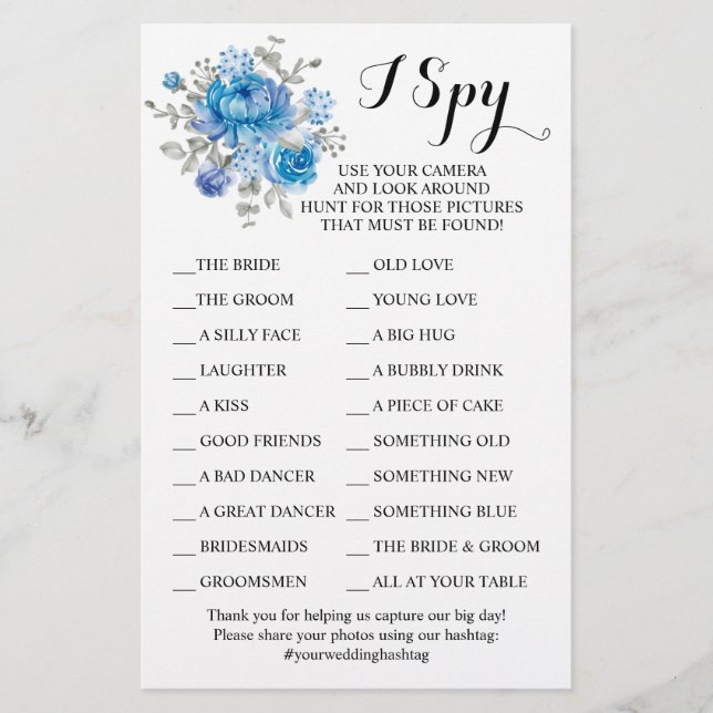 Blue Flower Wedding Reception I Spy Game Card (Front)