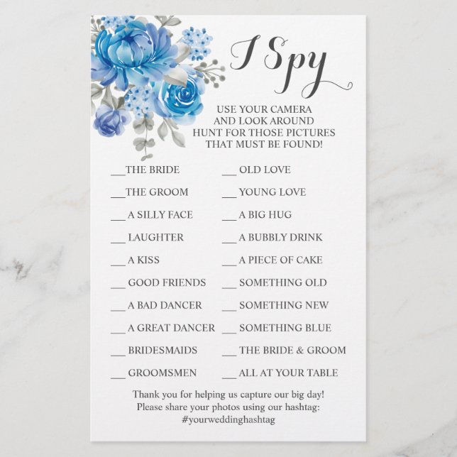 Blue Flower Wedding Reception I Spy Game Card (Front)