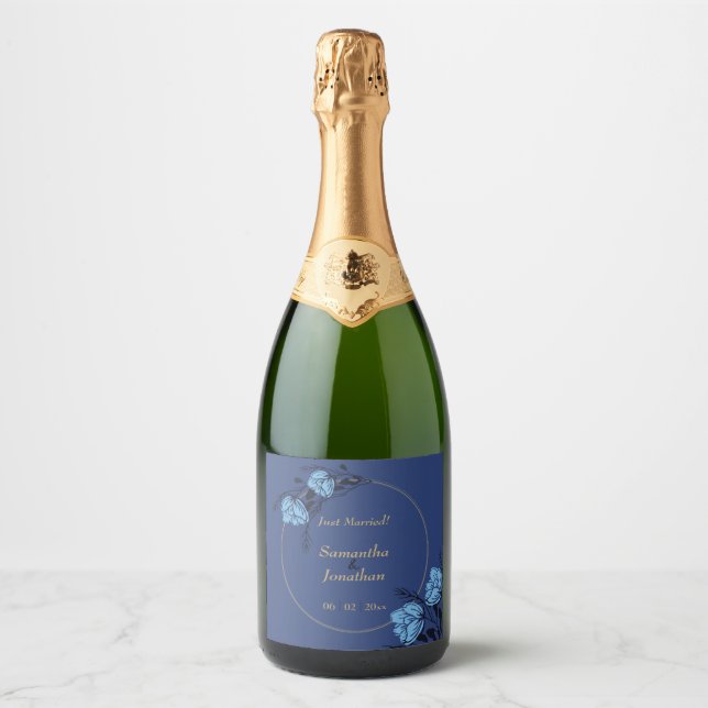 Blue Flower Wedding Sparkling Wine Label (Front)