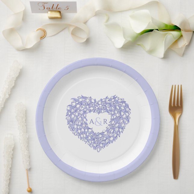 Blue flower wedding tulips heart bouquet monogram paper plate (Wedding)