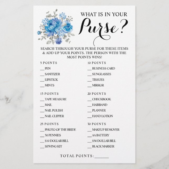 Blue Flower What is in your Purse Shower Game Card (Front)