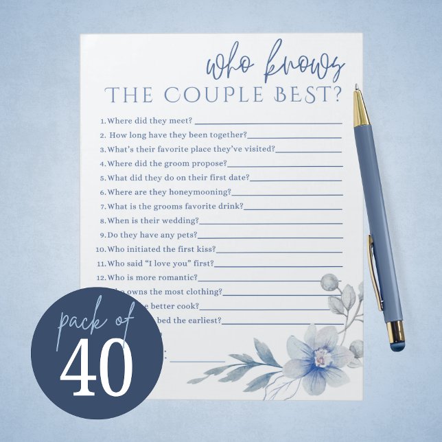 Blue Flower Who Knows the Couple Best Bridal Game Notepad (Stunning Watercolor Blue Flower Who Knows the Couple Best Bridal Game Notepad Pack of 40 Games. )