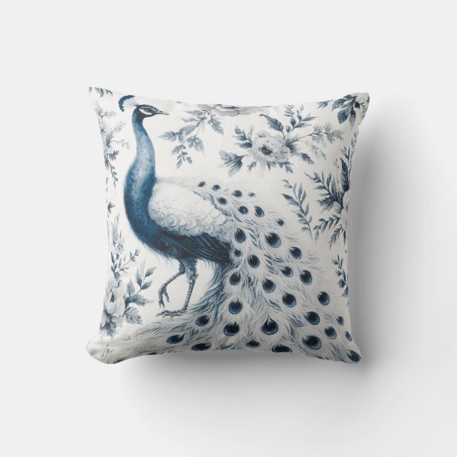 Blue flower with peacock pattern cushion (Front)