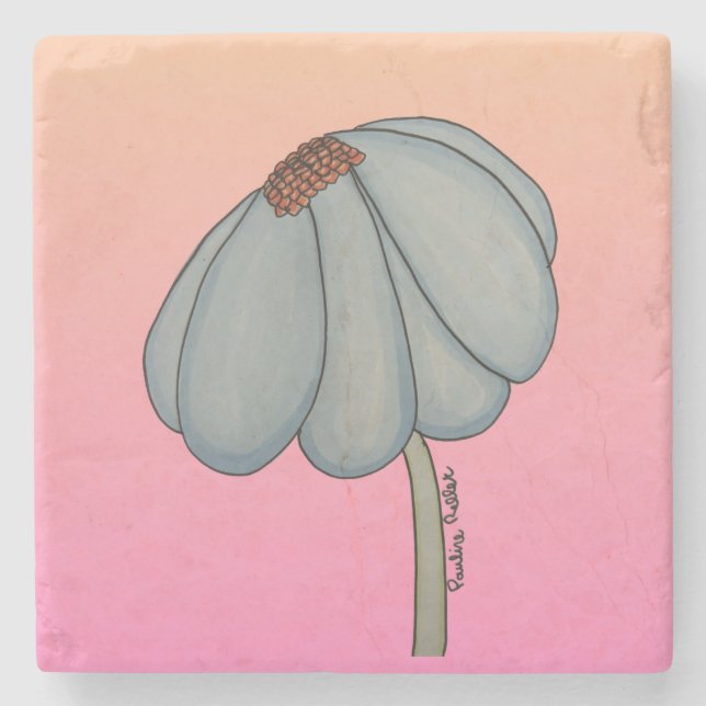 Blue flower with pink background stone coaster (Front)