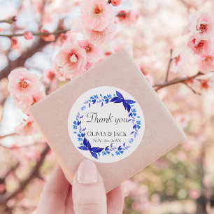 Blue Flower Wreath Thank You Wedding Favour Sticke Classic Round Sticker