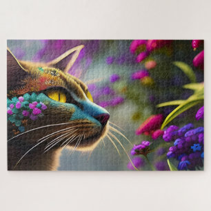 Blue flowered calico cat, Fantasy Jigsaw Puzzle