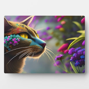 Blue flowered calico cat, Fantasy Plaque