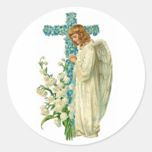 Blue Flowered Christian Cross Classic Round Sticker