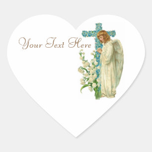 Blue Flowered Christian Cross Heart Sticker