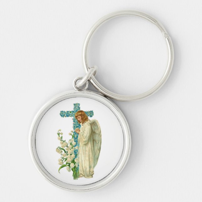 Blue Flowered Christian Cross Key Ring (Front)