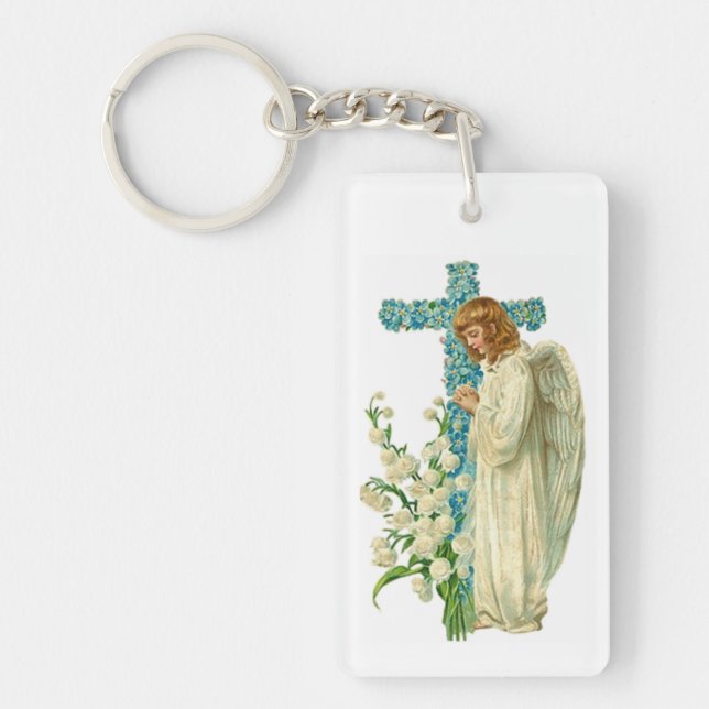 Blue Flowered Christian Cross Key Ring (Front)