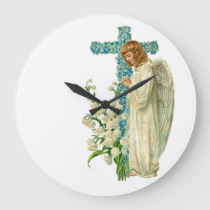 Blue Flowered Christian Cross Large Clock