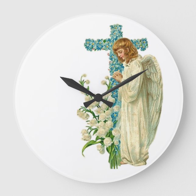 Blue Flowered Christian Cross Large Clock (Front)