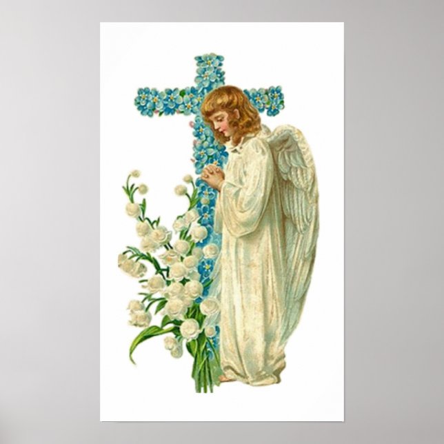 Blue Flowered Christian Cross Poster (Front)