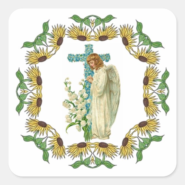 Blue Flowered Christian Cross Square Sticker (Front)