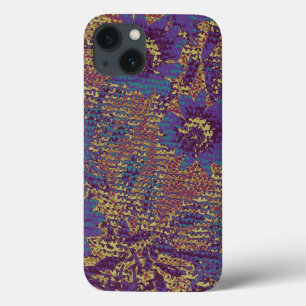 Blue flowers against leaf camouflage pattern iPhone 13 case