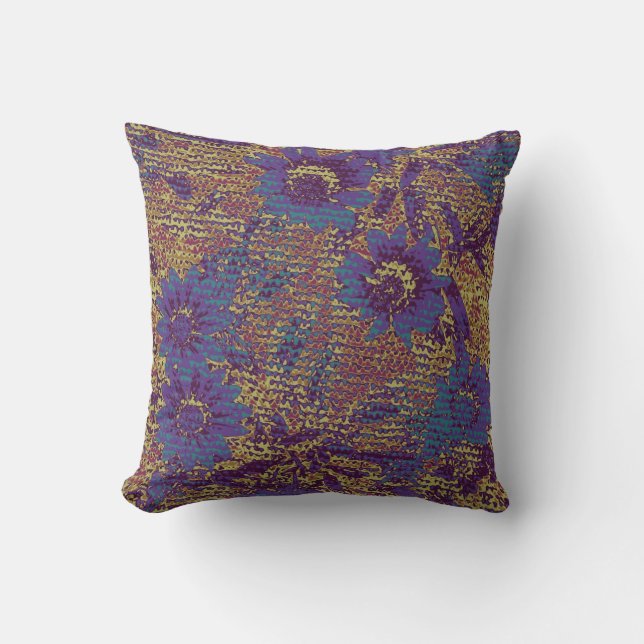 Blue flowers against leaf camouflage pattern cushion (Front)