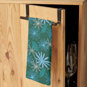 Blue Flowers Among Forest Green Tea Towel