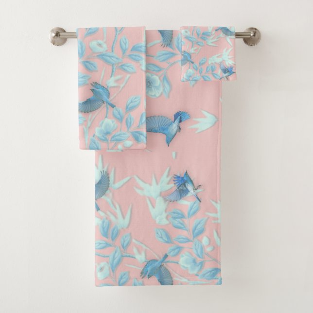 blue flowers and bird ,Background light rose colou Bath Towel Set (Insitu)