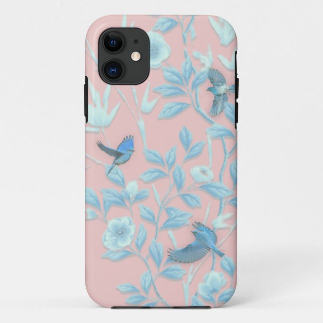blue flowers and bird ,Background light rose colou Case-Mate iPhone Case (Back)