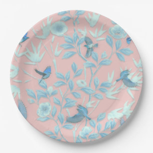blue flowers and bird ,Background light rose colou Paper Plate