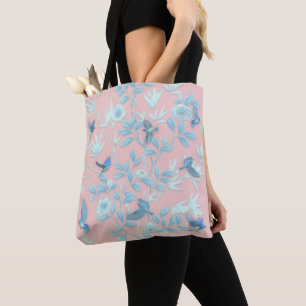 blue flowers and bird ,Background light rose colou Tote Bag