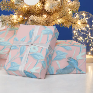 blue flowers and bird ,Background light rose colou Wrapping Paper