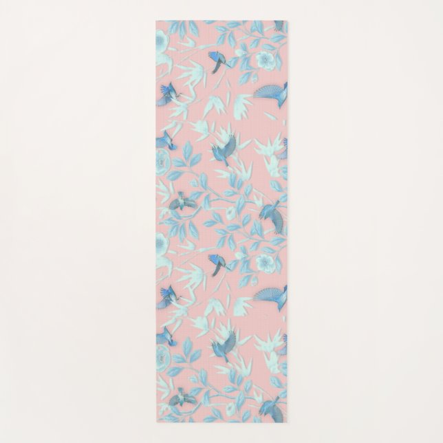 blue flowers and bird ,Background light rose colou Yoga Mat (Front)