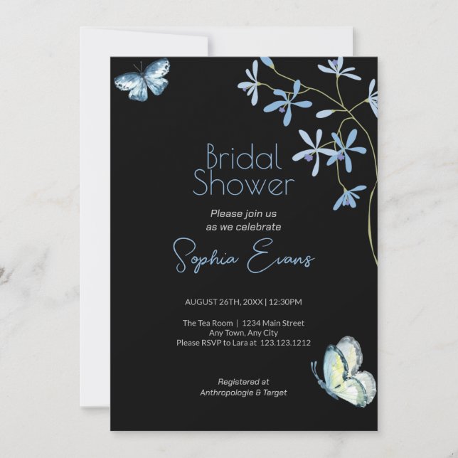 Blue Flowers and Butterflies Black Bridal Shower Invitation (Front)