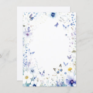 Blue flowers and butterflies blank wedding invitation