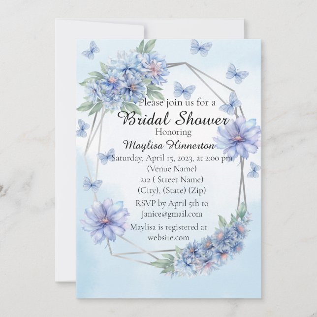 Blue Flowers and Butterflies Bridal Shower  Invitation (Front)