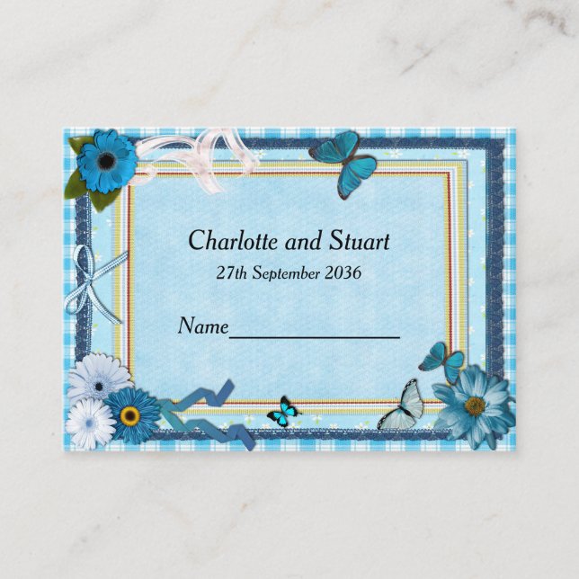 Blue Flowers and Butterflies Place Card (Front)