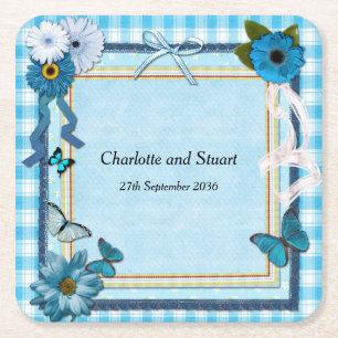 Blue Flowers and Butterflies Square Paper Coaster