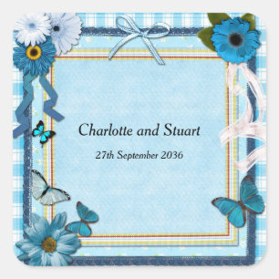 Blue Flowers and Butterflies Square Sticker