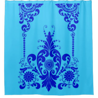blue flowers and curlicues print shower curtain