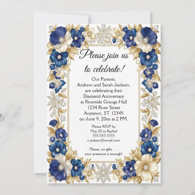Blue Flowers and Diamonds 75th Anniversary Invitation (Front)