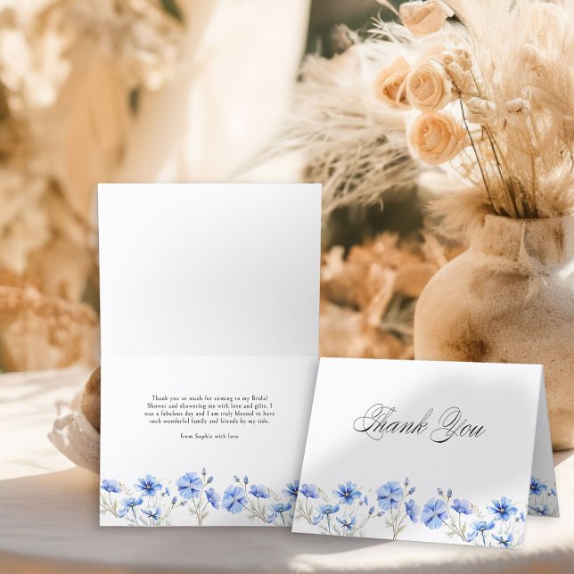 Blue Flowers and Elegant Calligraphy Thank You Card (Thank You card with calligraphy and Blue Flowers - Something Blue Floral Bridal Shower Collection
)