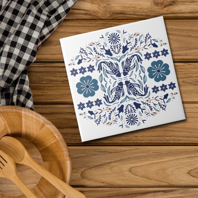 Blue Flowers and Fish Asian Vision Ceramic Tile (Creator Uploaded)