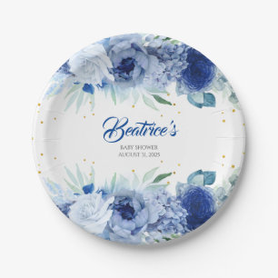 Blue Flowers and Gold Confetti Baby Shower Paper Plate