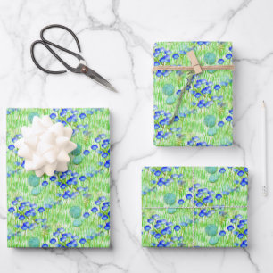 Blue Flowers And Grass Nature Art Pattern   Wrapping Paper Sheet