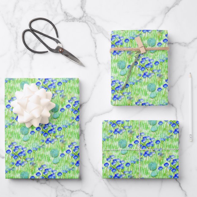 Blue Flowers And Grass Nature Art Pattern   Wrapping Paper Sheet (Front)