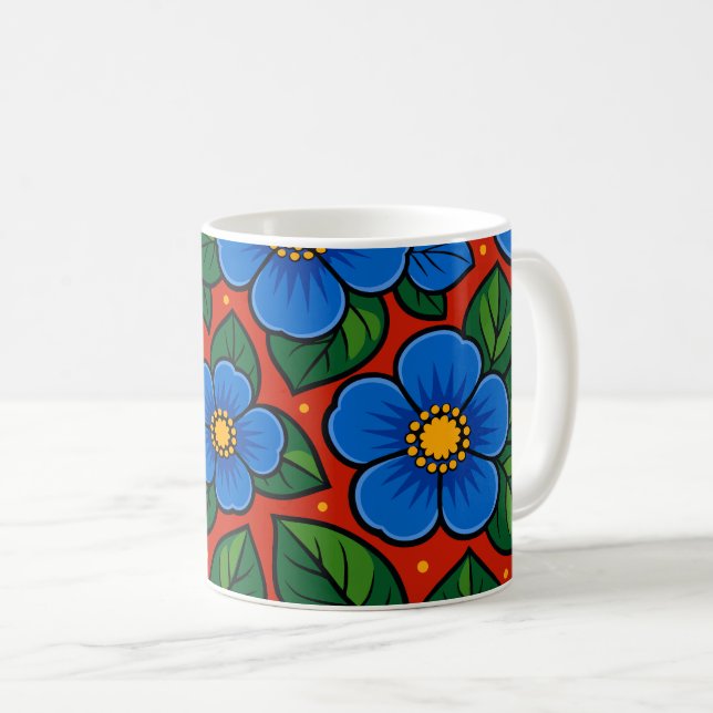 Blue Flowers and Green Leaves on a Red Background Coffee Mug (Front Right)