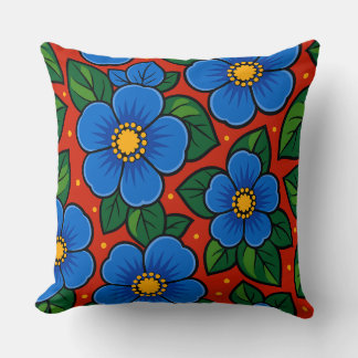 Blue Flowers and Green Leaves on a Red Background Cushion