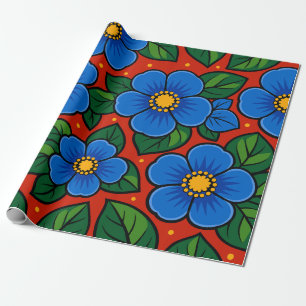Blue Flowers and Green Leaves on a Red Background Wrapping Paper