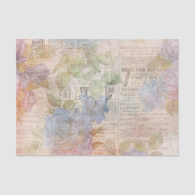 Blue Flowers and Newsprint Ephemera Tissue Paper (Front)