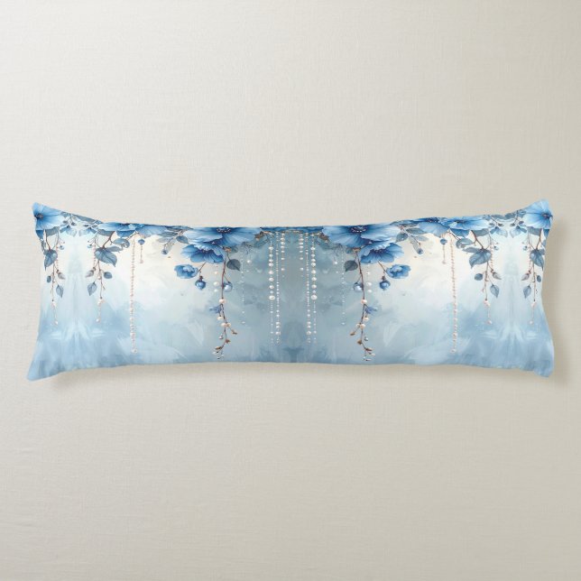 Blue Flowers and Pearls Body Pillow (Front)
