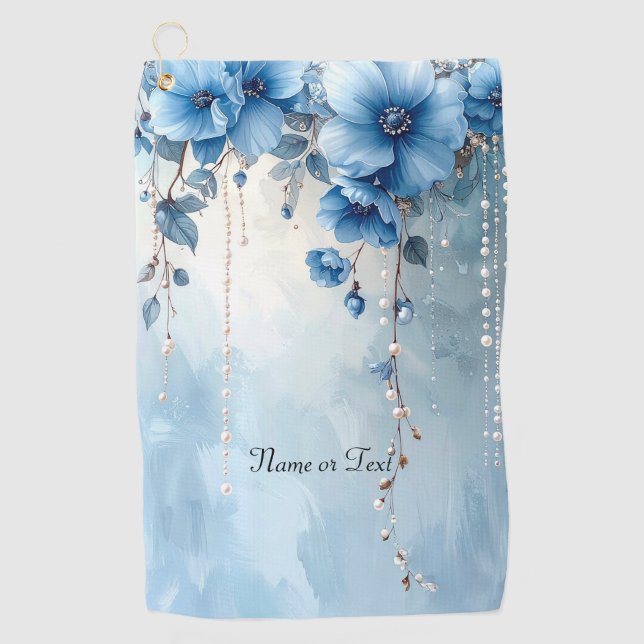 Blue Flowers and Pearls Golf Towel (Front)